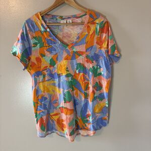 Joie Womens Top Orange Blue Colorful Tropical Shirt Sz 1X